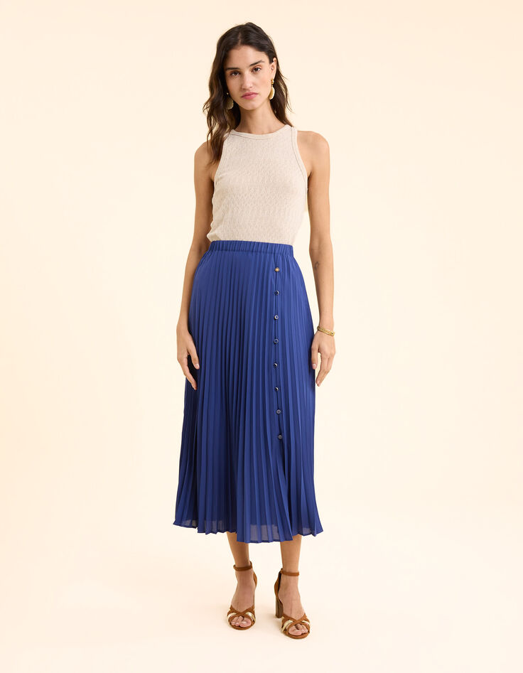 Langer blauer Plisseerock Seitenknöpfe I.Code-3