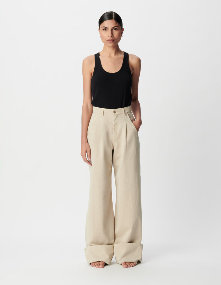 Beigefarbene Jeans mit hoher Taille und weitem Bein f&uuml;r Damen-1