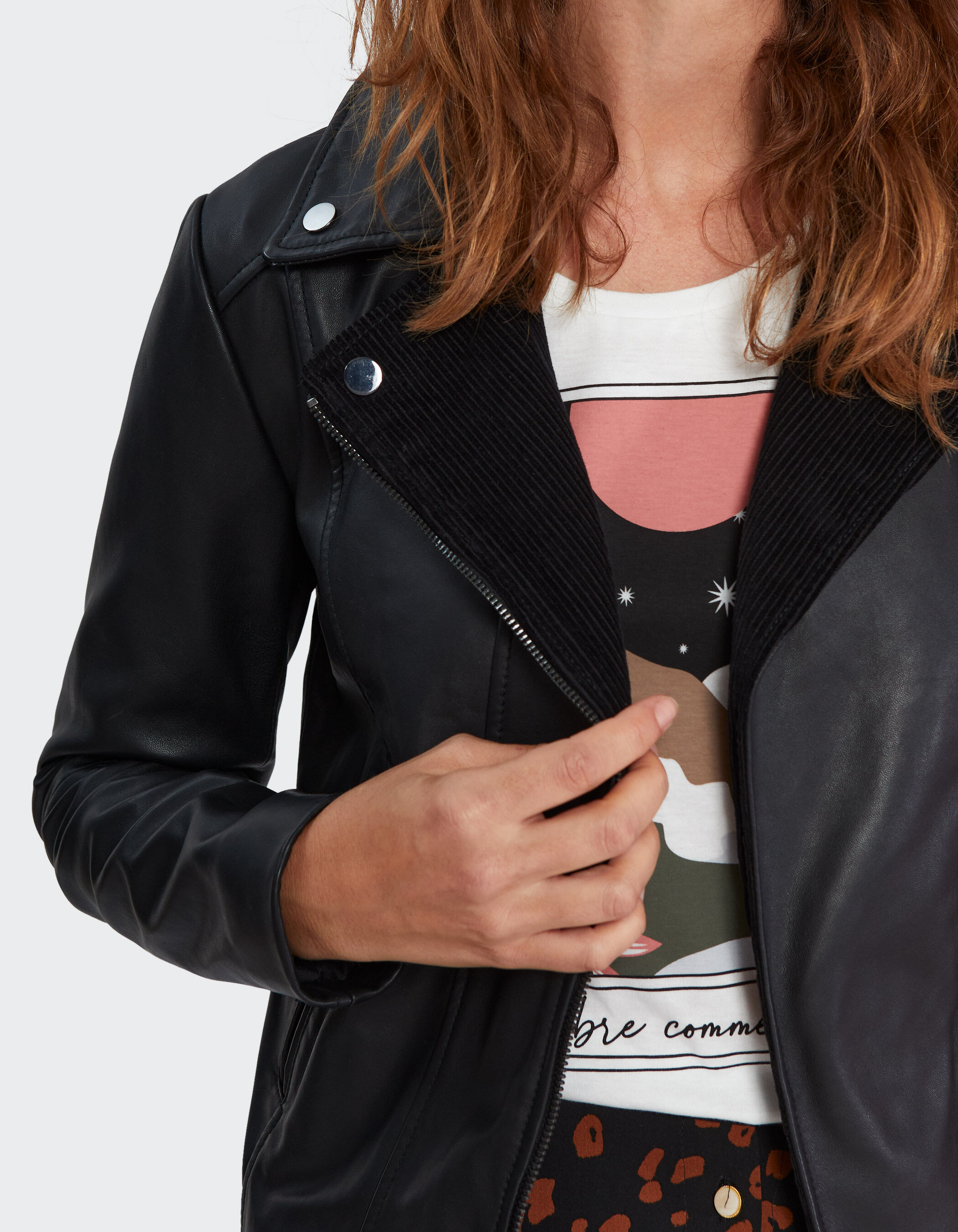 Blouson noir cuir esprit motard col velours I.Code