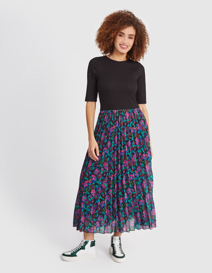 I.Code black pleated long dress with colour floral print - I.CODE
