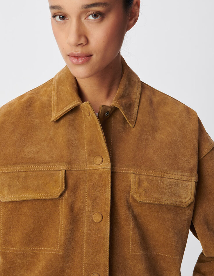 Veste courte oversize camel cuir velours Femme-4