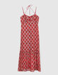Langes, mohnrotes Damenkleid mit Karos-6