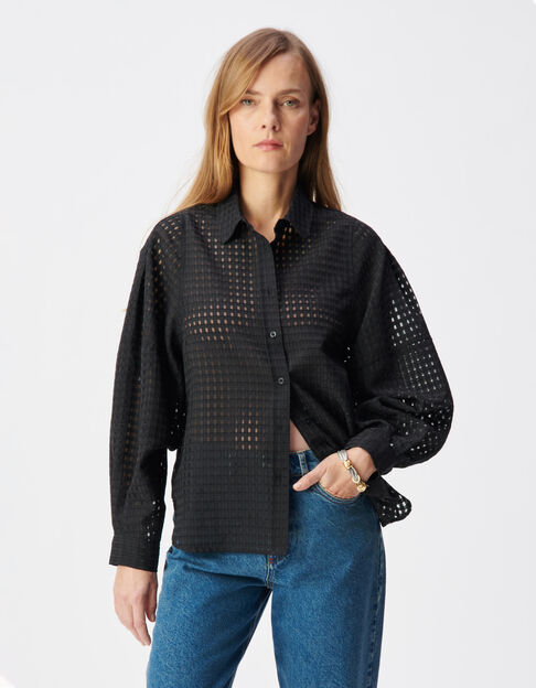 Camisa negra calada de mujer con estampado de cuadros - IKKS