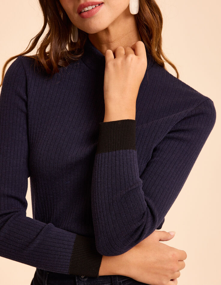 Pull col cheminée bleu tricot côtelé I.Code-4