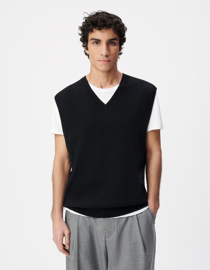 Herren V-Ausschnitt schwarzer Strickpullover ohne &Auml;rmel-1