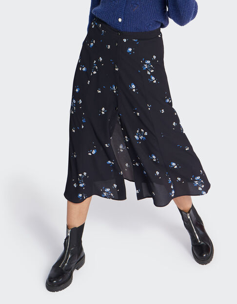 Falda midi negra estampado floral I.Code