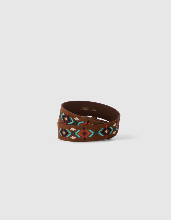 I.Code camel suede belt with ethnic embroidery - I.CODE