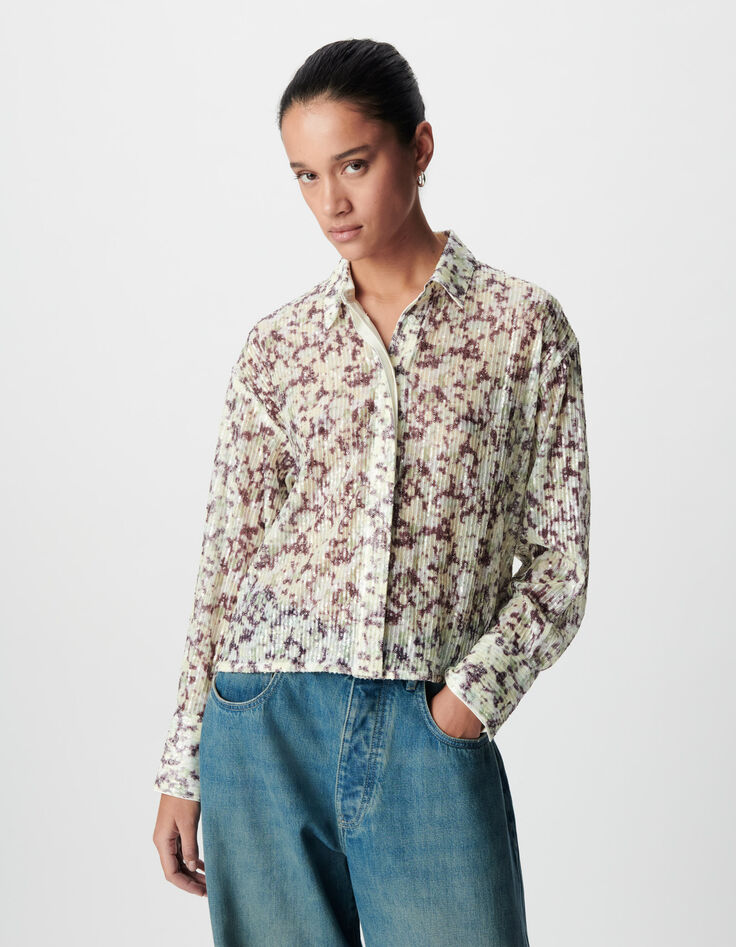 Gr&uuml;nes Damen Tarnmuster Shirt mit Stickerei aus Pailletten-4