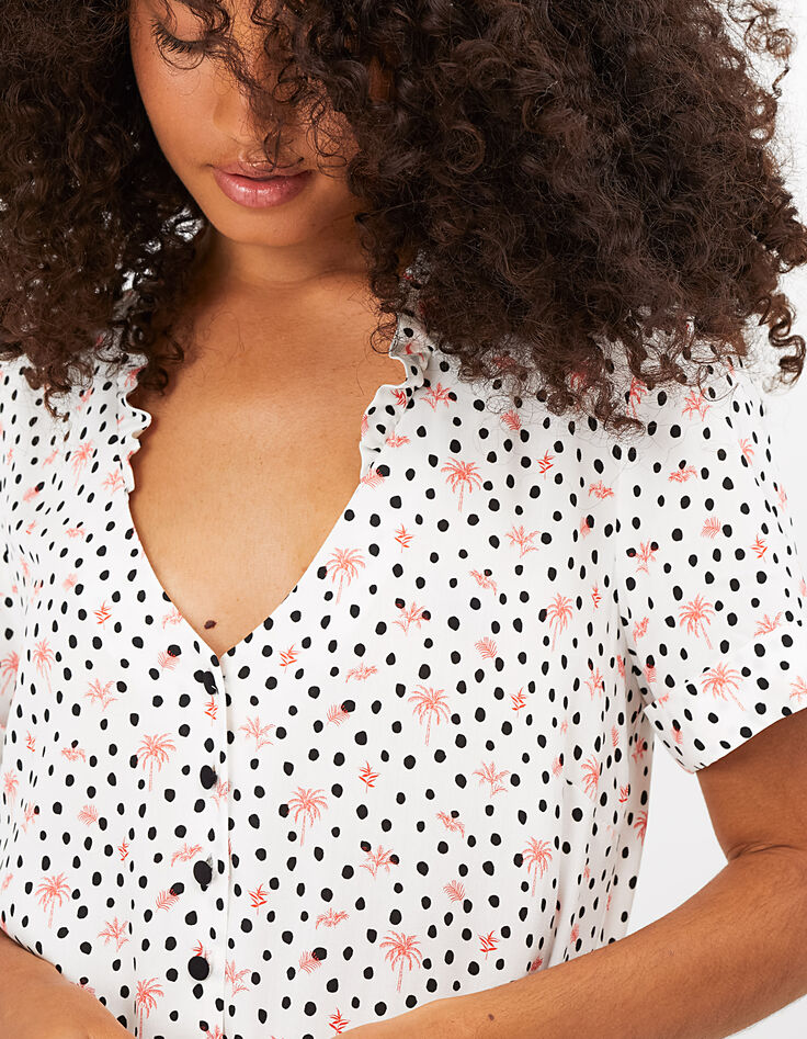 Cremeweißes Kleid, Tupfen- und Palmenprint I.Code-2