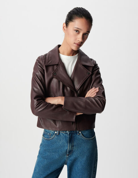 Veste cuir bordeaux esprit motard capuche amovible Femme - IKKS