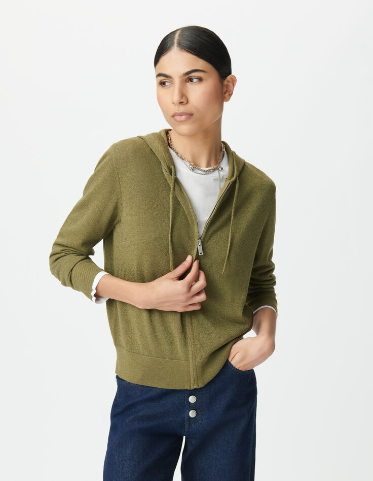 Khaki Damenstrickjacke Kapuze Lurex Fischgr&auml;ten hinten-3