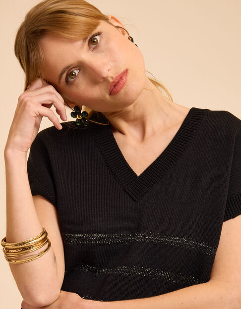 Schwarzer &auml;rmelloser Strickpulli Lurexstreifen I.Code