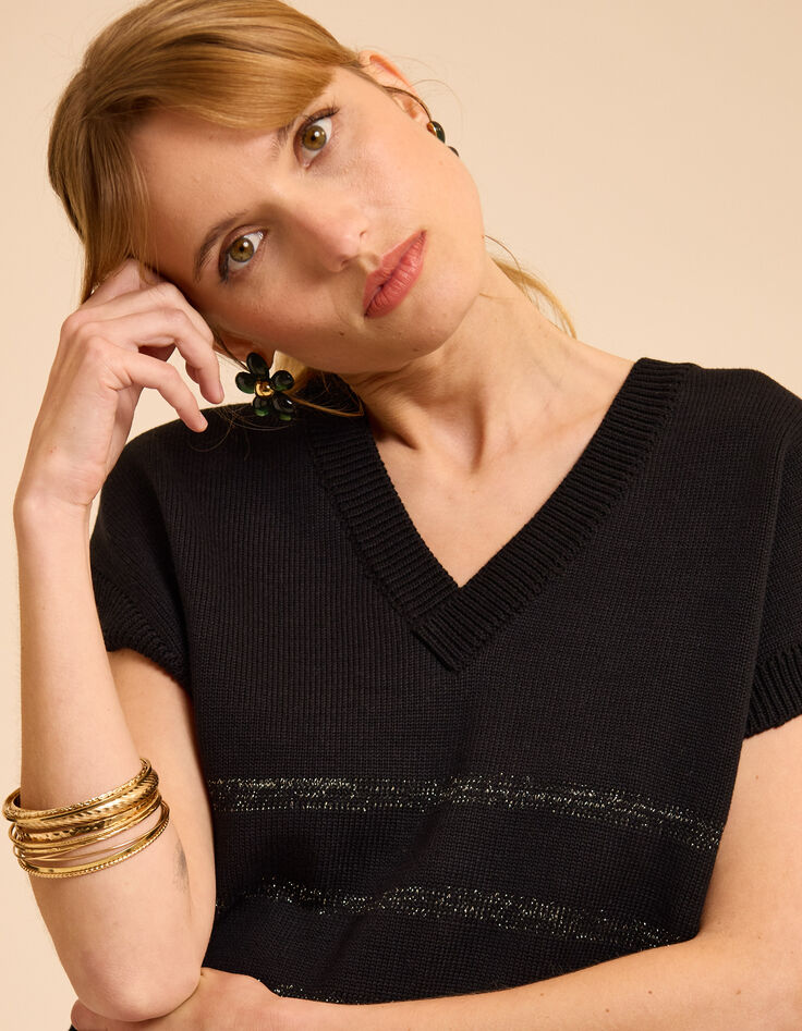 Schwarzer ärmelloser Strickpulli Lurexstreifen I.Code-1