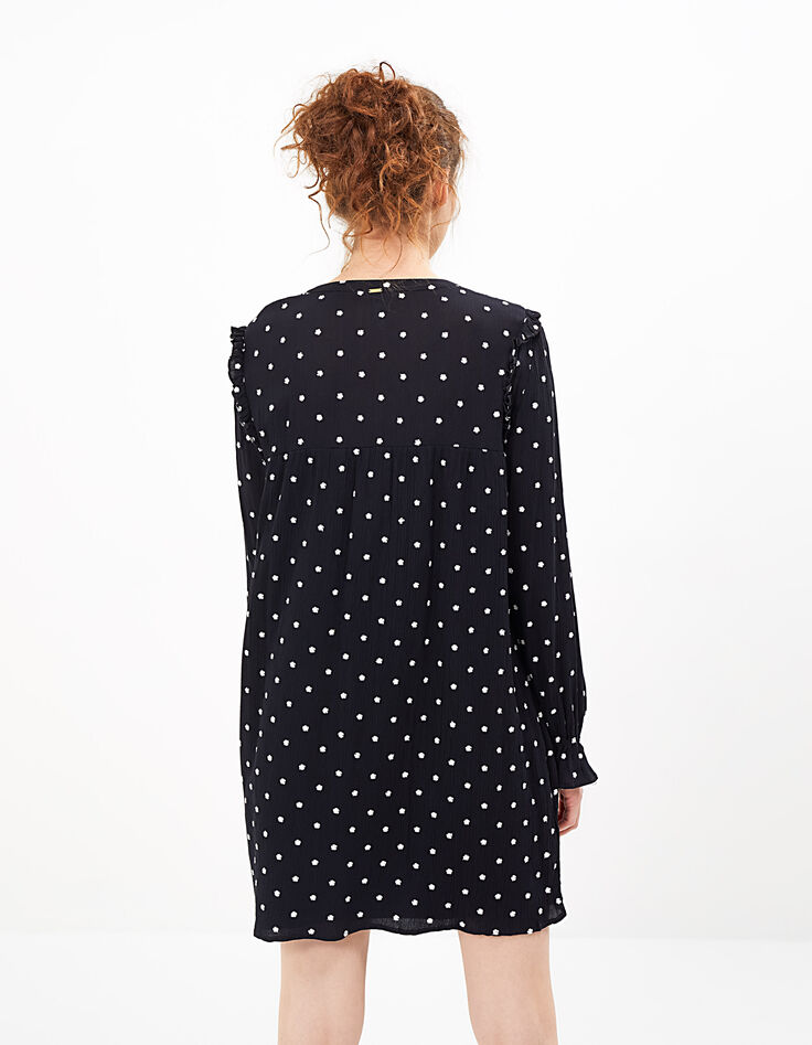 I.Code black dress with ruffles and white embroidery-3