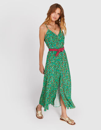 Prairie green dress with floral tachist print and thin straps I.Code