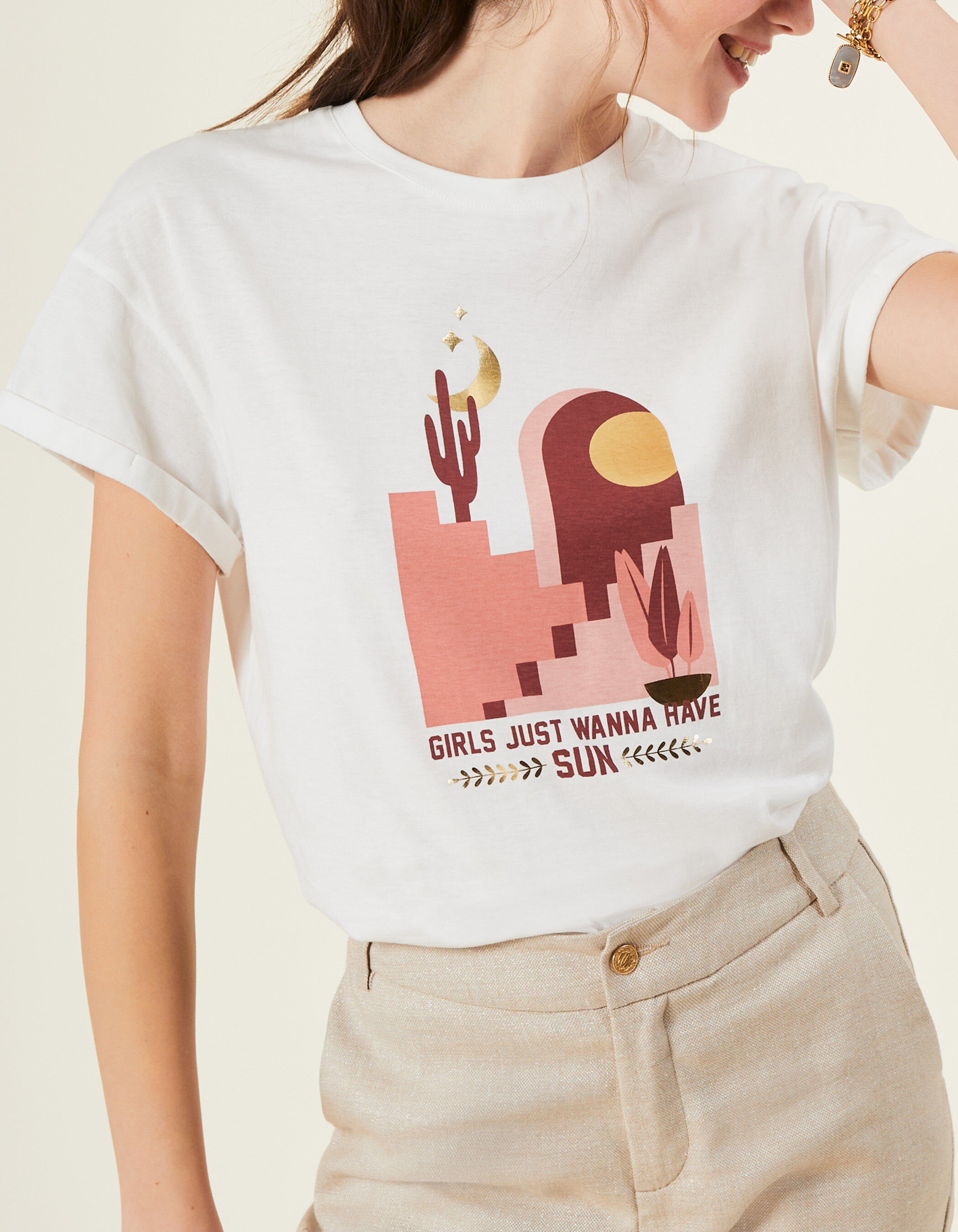 Gebroken wit T shirt arty opdruk cactus I.Code