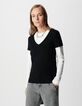 Schwarzes V-Ausschnitt T-Shirt Damen mit Fischgr&auml;ten-Stickerei-2