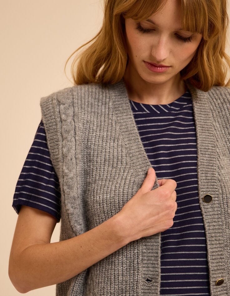 Cardigan sans manches gris tricot d&eacute;tails torsades I.Code-1