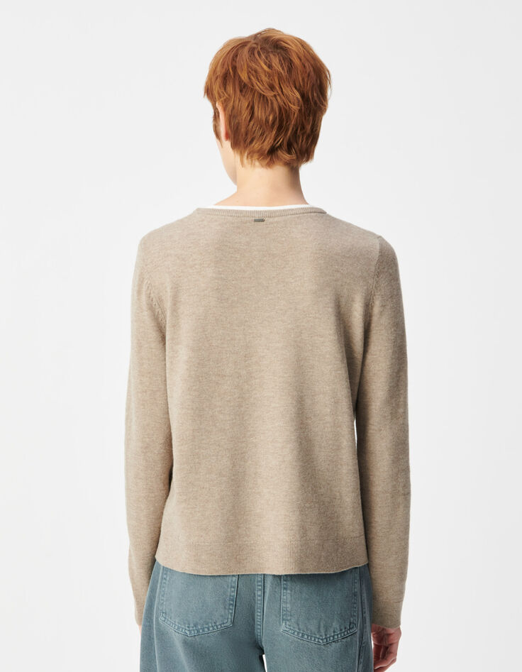 Beigefarbener Wollstrickpullover f&uuml;r Damen mit Trompe-l'oeil-Kragen-4