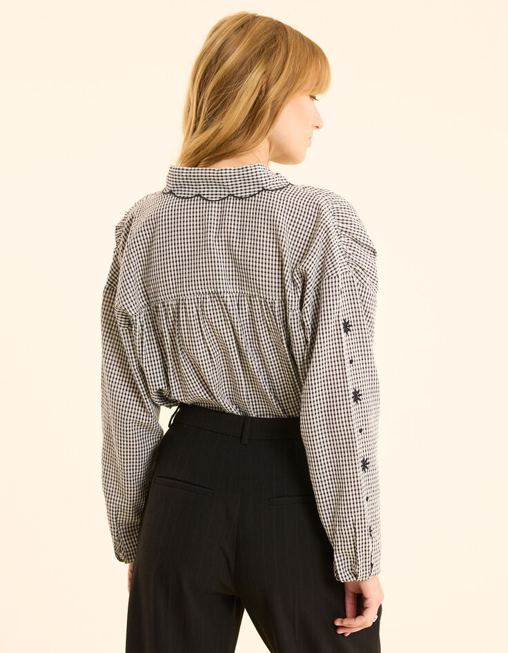 Hemd in Ecru mit Gingham-Muster und gestickten Blumenärmeln I.Code-4