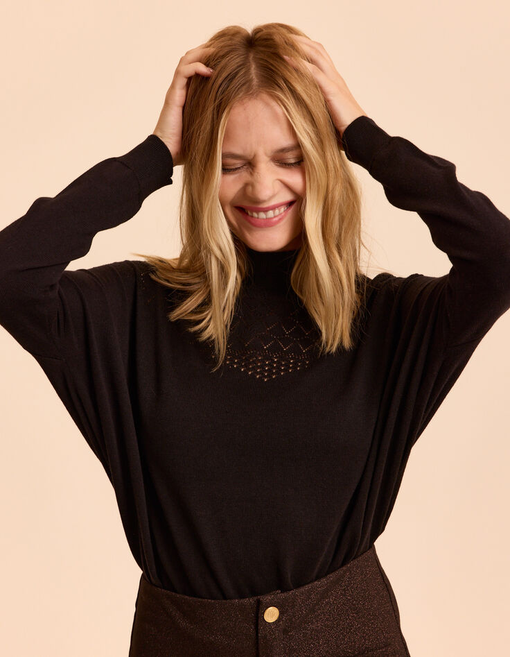 Pull cape noir tricot fin points ajourés CECILE I.Code-1