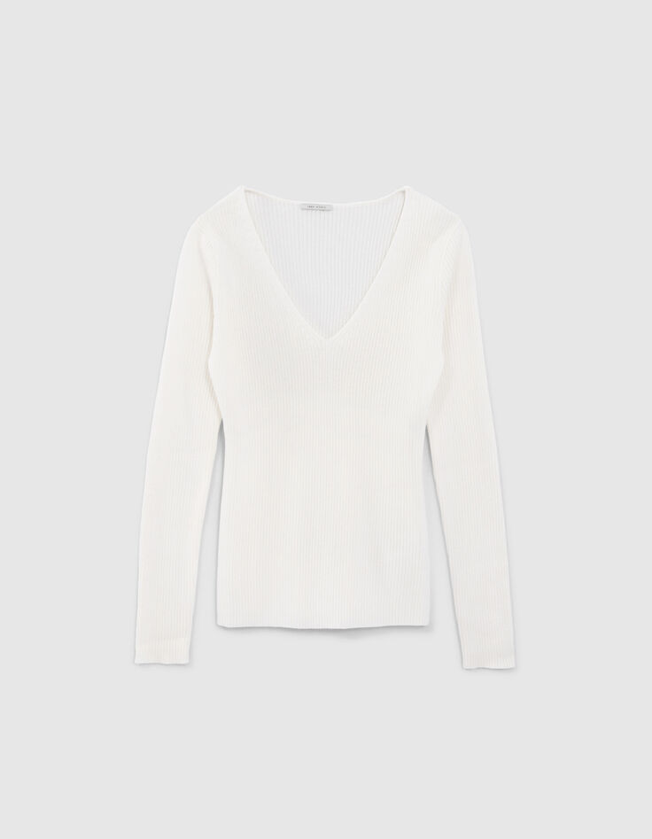 Cremefarbener Damen-Rippstrickpullover mit Nieten-6