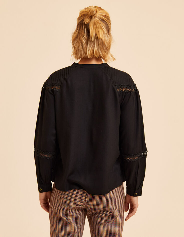 I.Code black blouse with stitched pleats and lace bands-4