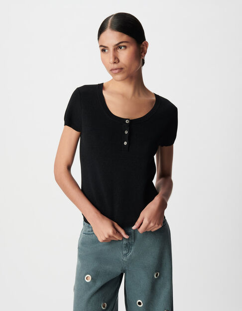Feiner schwarzer Pullover mit Paillettenbesatz und Knopfleiste f&uuml;r Damen - IKKS