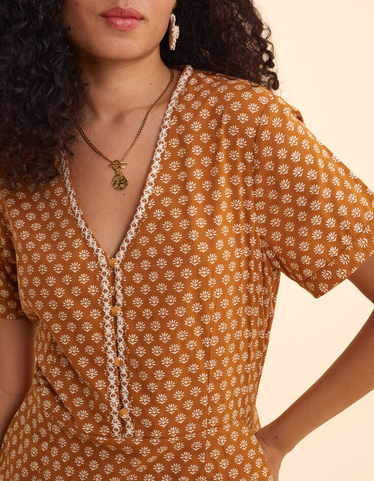 Camelbraunes Kleid mit Blumenprint, Herz I.Code-5