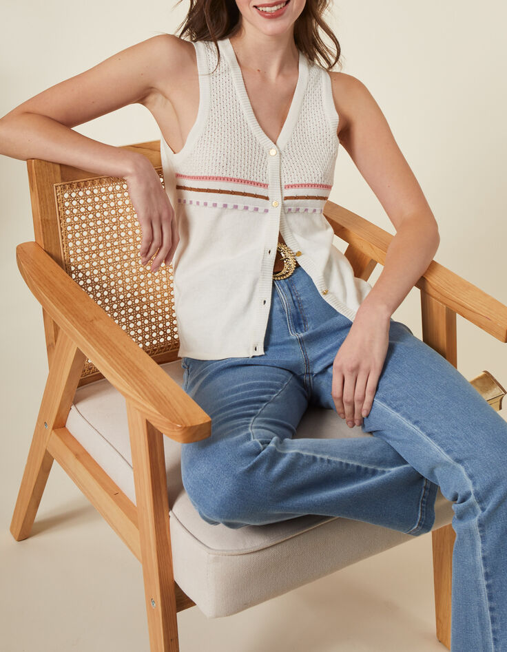 Cardigan écru tricot fin rayures sans manches I.Code-1
