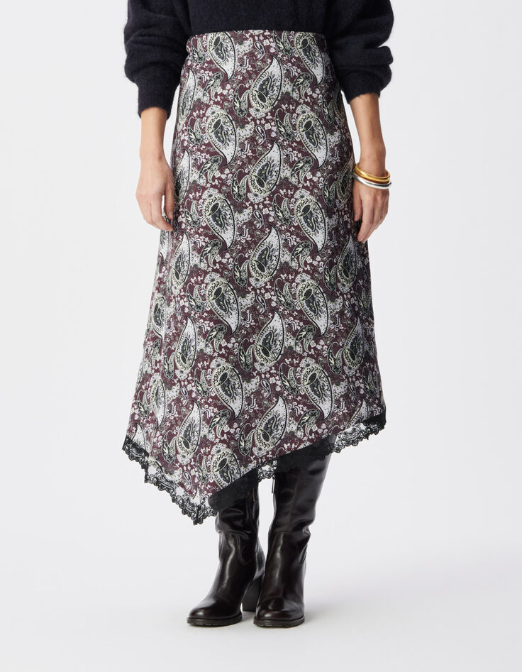 Asymmetrischer langer Rock mit bordeauxfarbenem Paisleymuster Damen-2