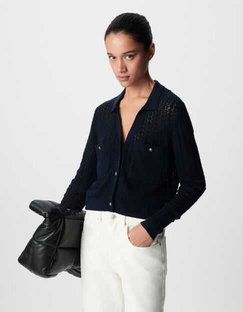 Marineblaue durchbrochene kurze STRICKJACKE f&uuml;r Damen - IKKS