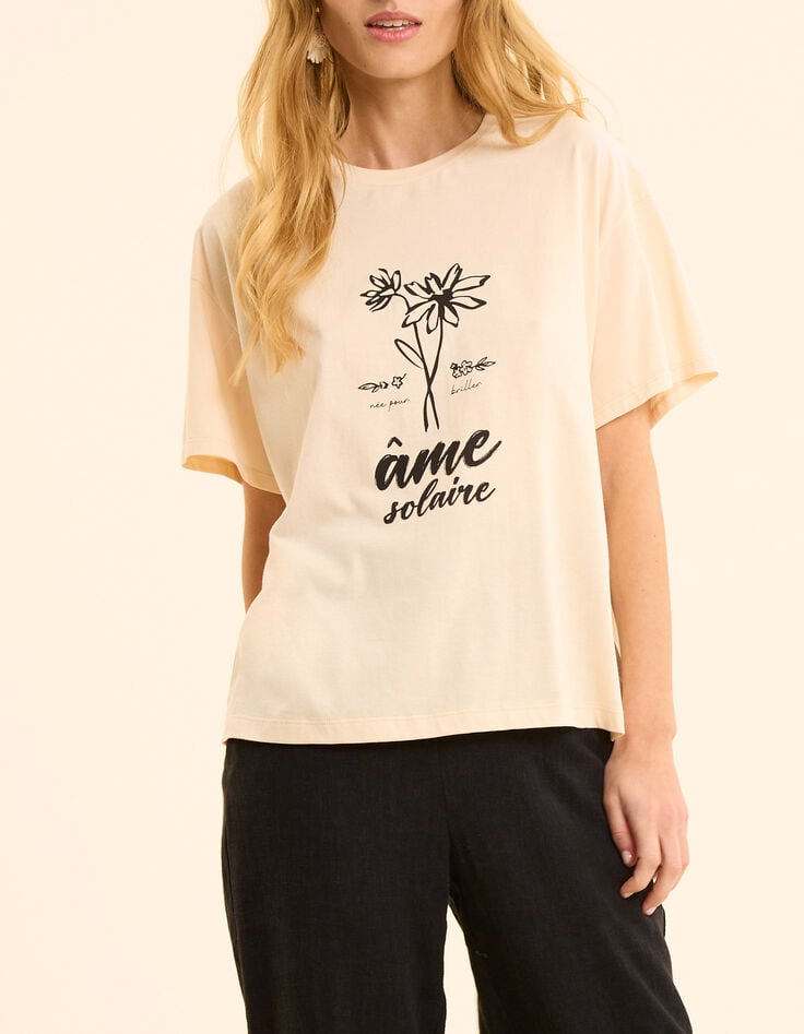 T-shirt manches courtes &eacute;cru visuel fleurs I.Code-1