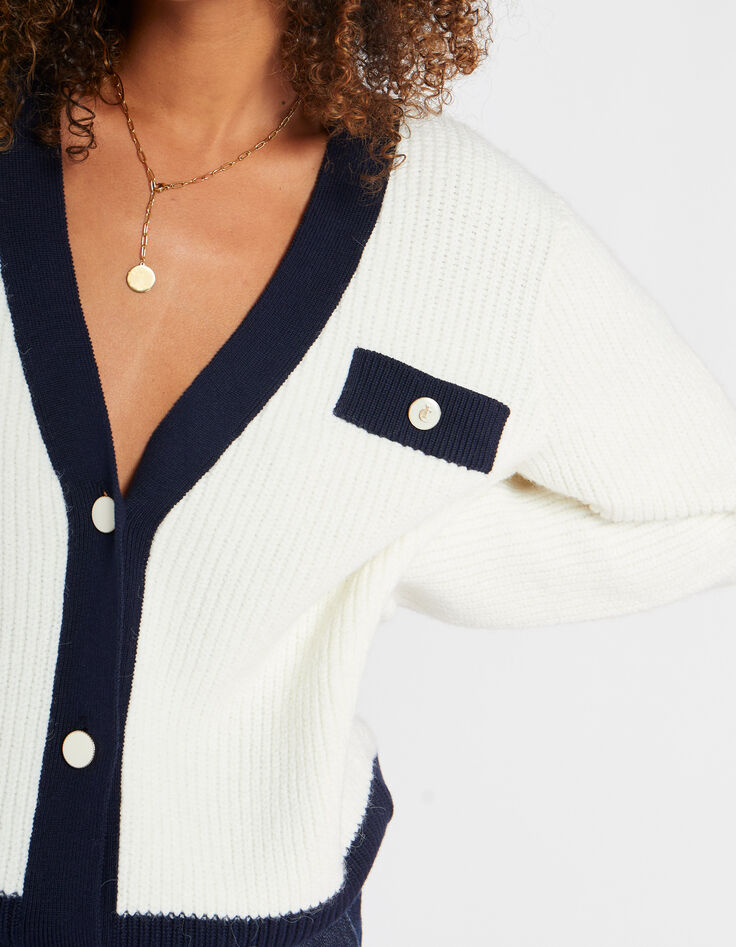 Cardigan blanc cassé bordé marine en tricot I.Code-1 Cardigan blanc cassé bordé marine en tricot I.Code-1