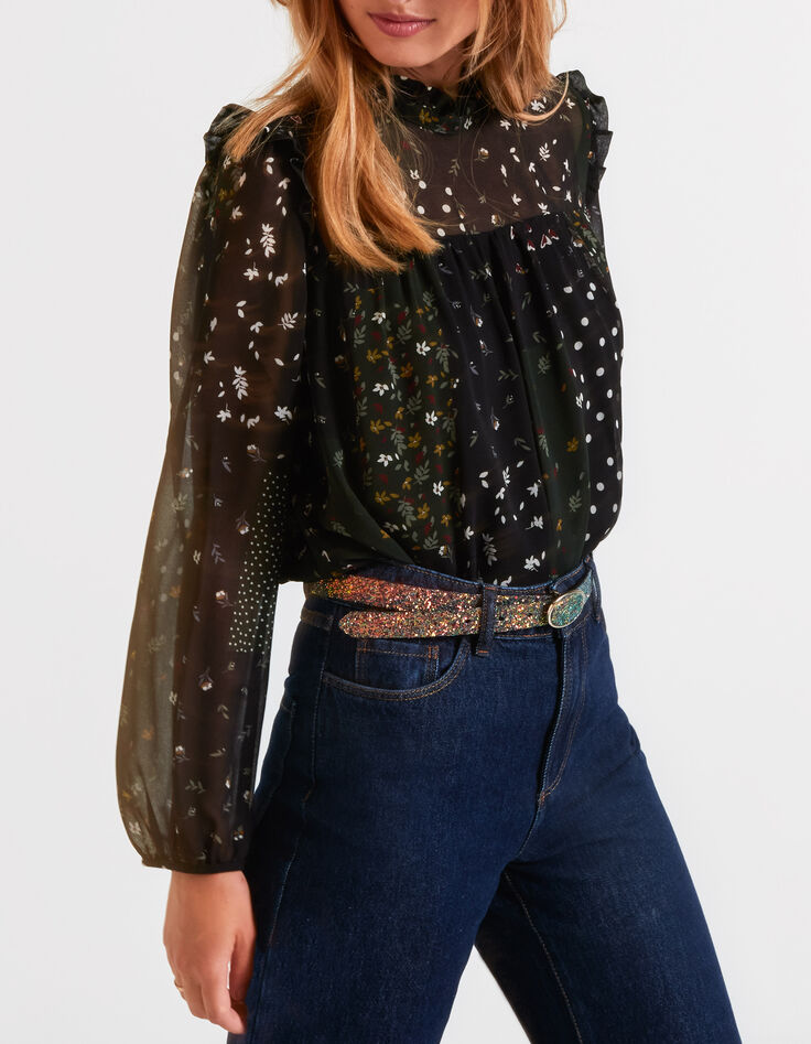 Blusa negra con estampado patchwork I.Code-1