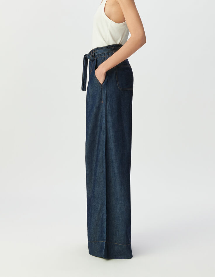 Blaue weite Damenjeans hoher Bund G&uuml;rtel-3