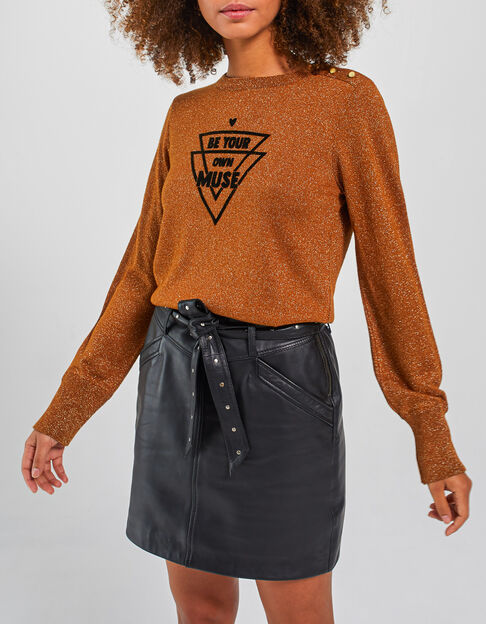 Pull fauve tricot pailleté message floqué velours I.Code