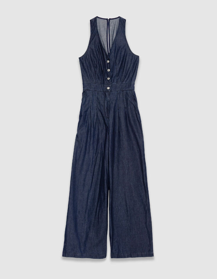 Mujer mono ancho de denim crudo sin mangas-6