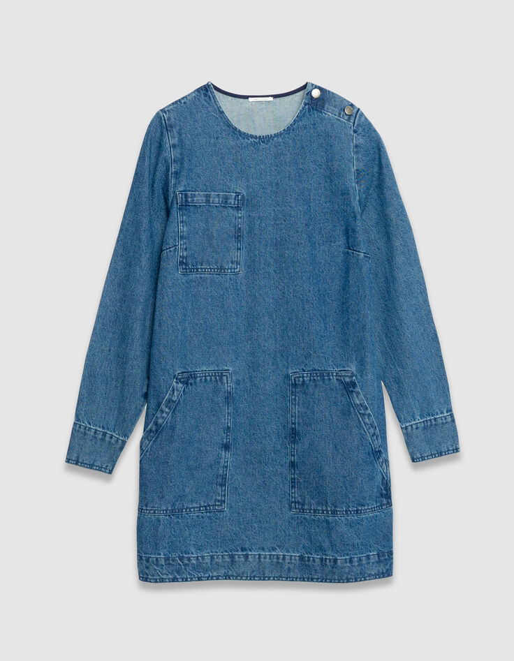 Blaues Kleid aus Denim f&uuml;r Damen mit drei aufgesetzten Taschen-6