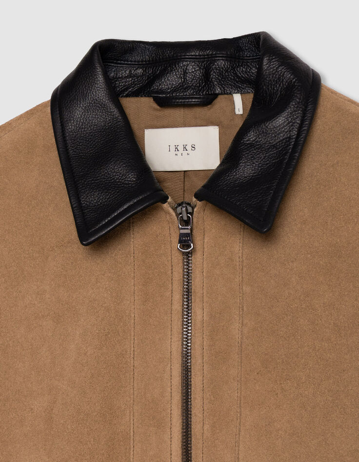 Beiger Velourslederjacke schwarzer Kragen-7