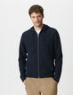 Blaue Herrenstrickjacke Biobaumwolle Ausschnitt Kapuze-2