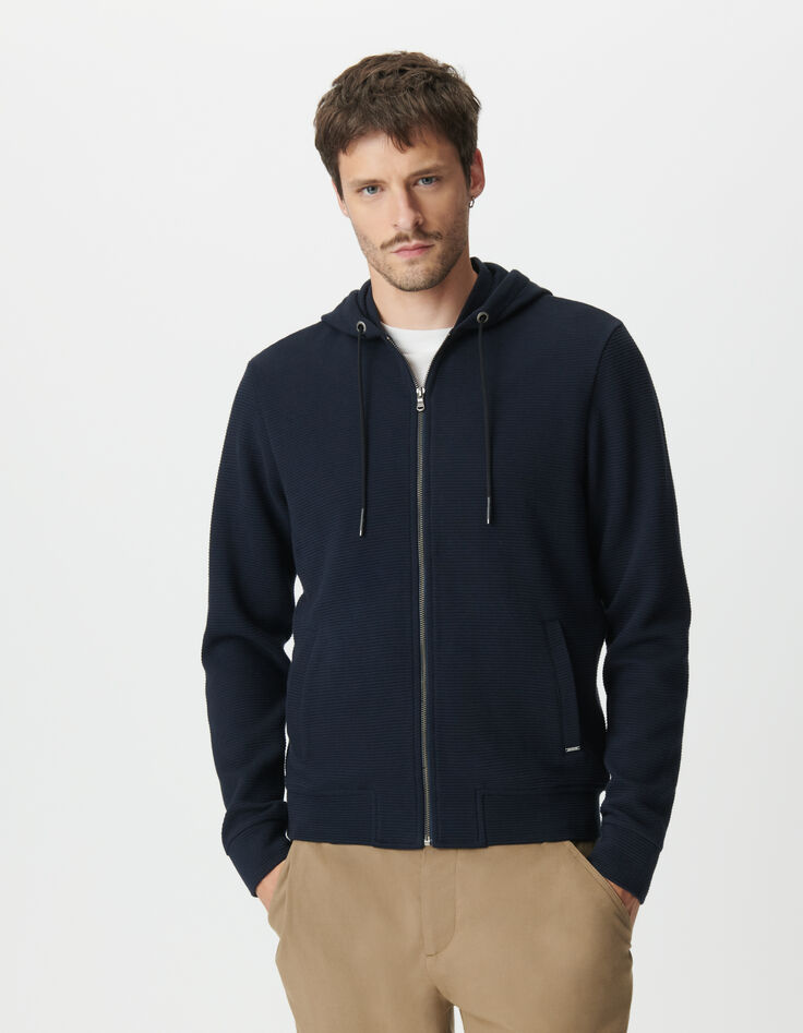 Blaue Herrenstrickjacke Biobaumwolle Ausschnitt Kapuze-2