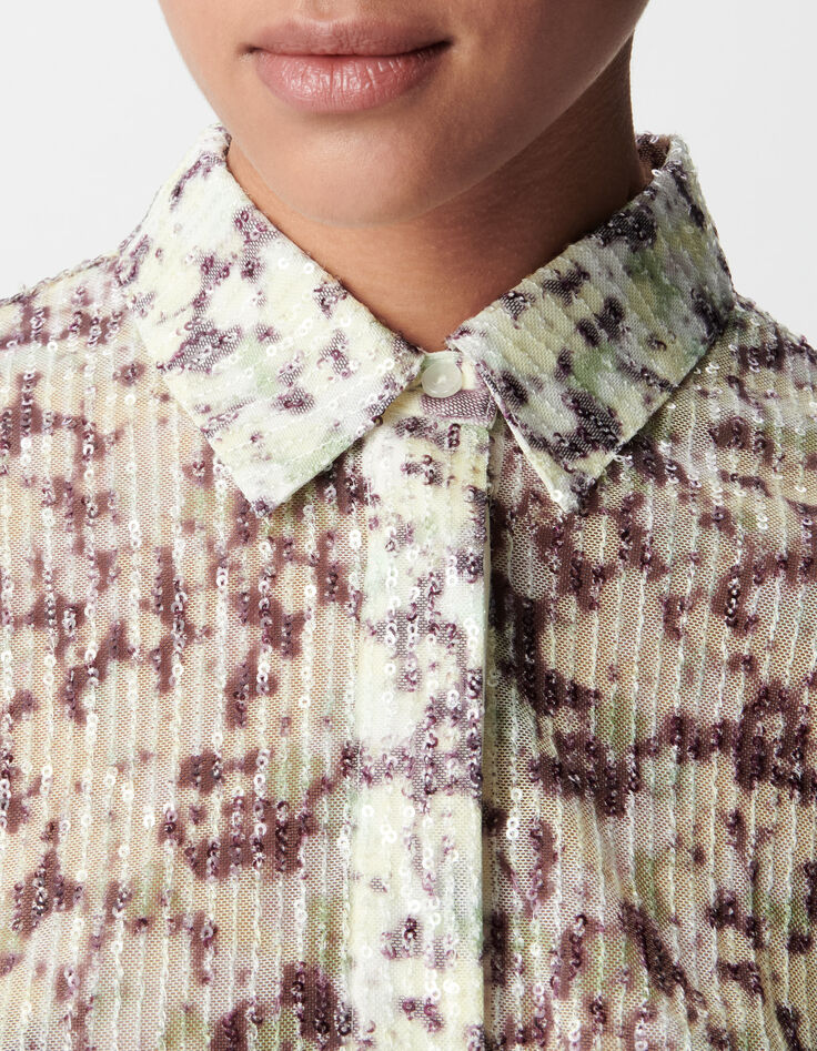Gr&uuml;nes Damen Tarnmuster Shirt mit Stickerei aus Pailletten-5