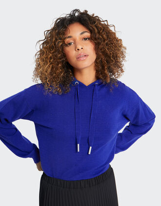 Pull bleu saphir tricot lurex à capuche I.Code 