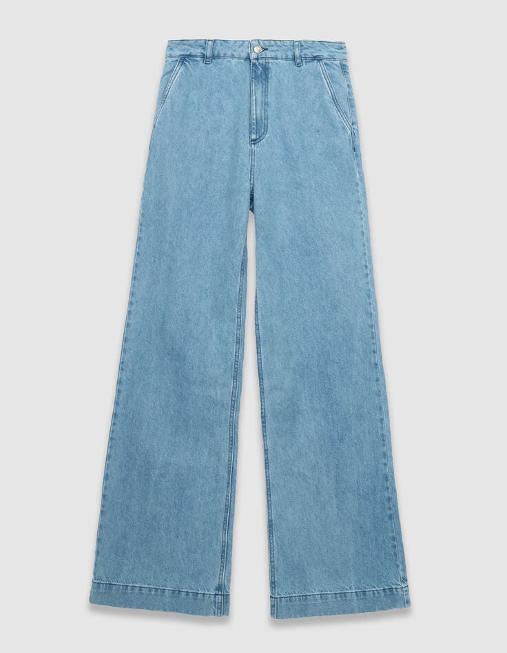 Blaue weite Damenjeans hoher Bund-5