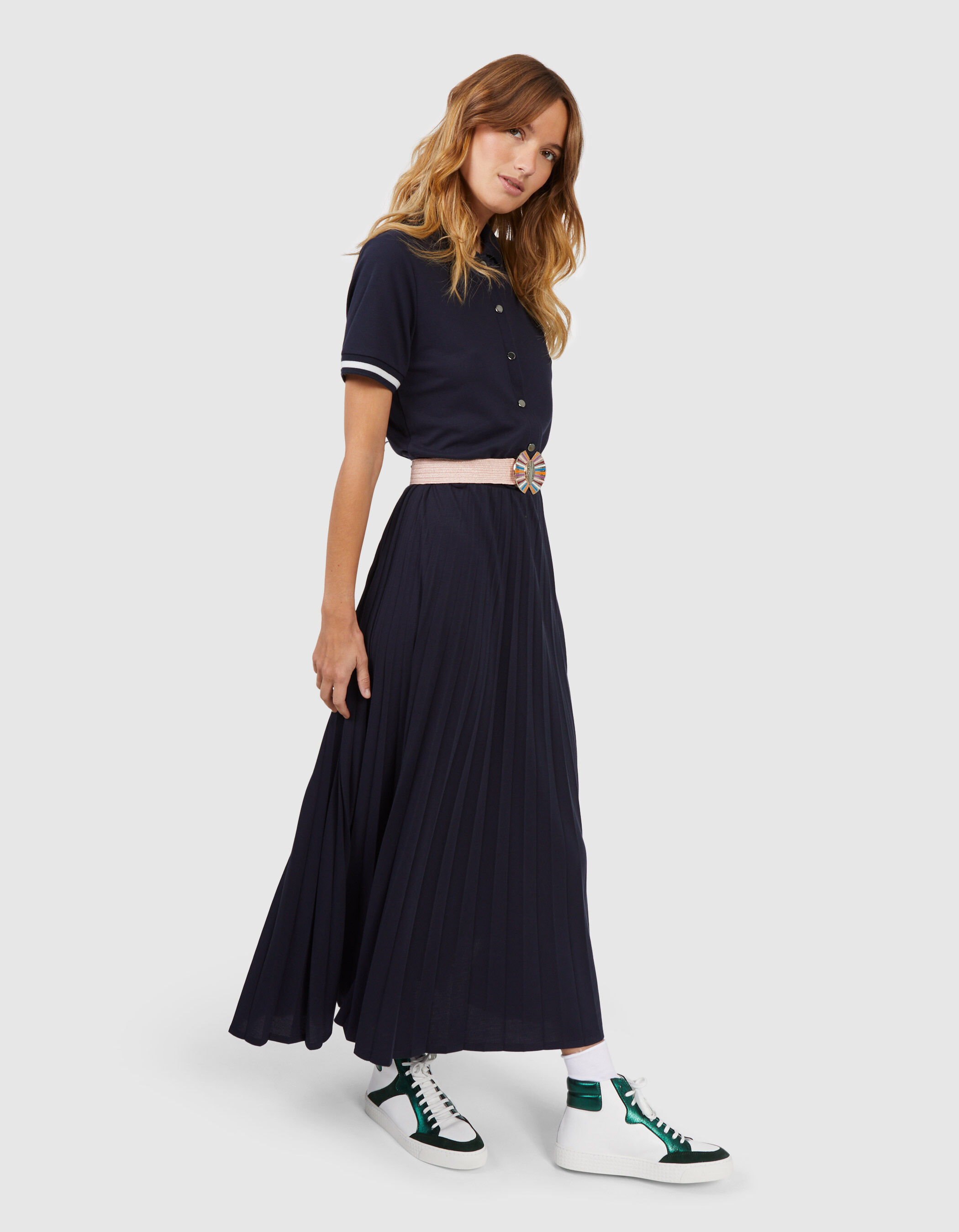 Robe longue marine maille piquee plissee I.Code