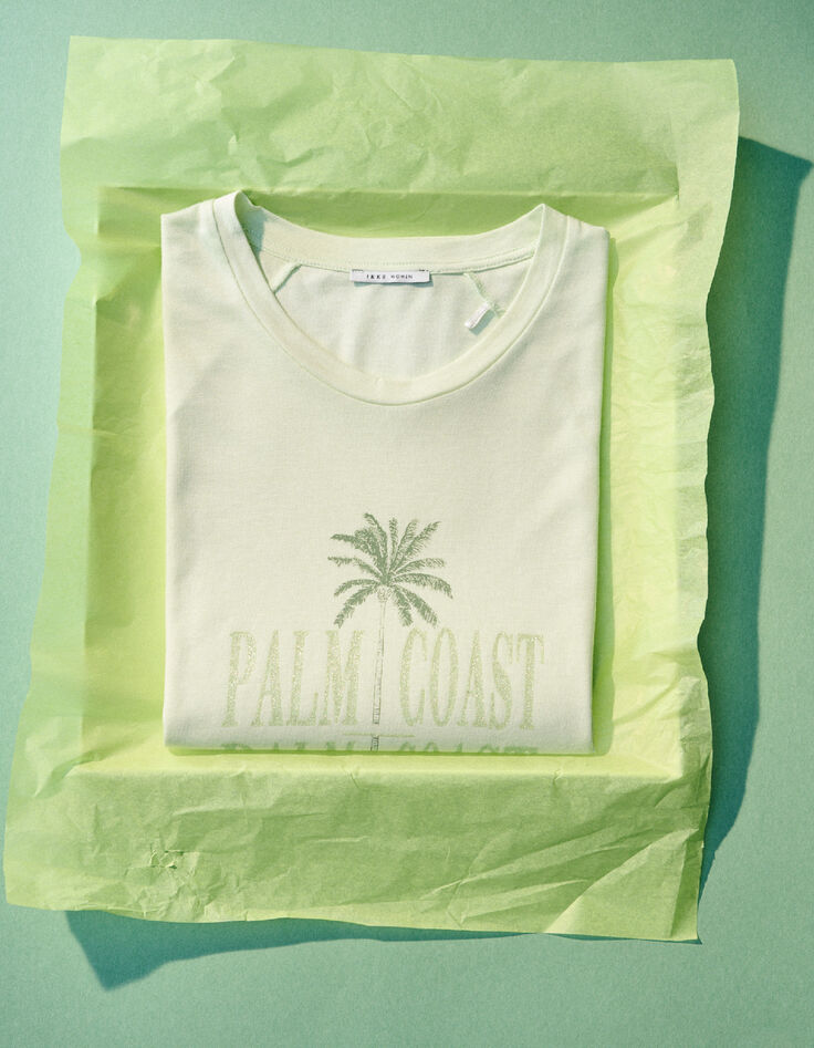 Gr&uuml;nes Damen-T-Shirt mit Palmen und Glitzerbotschaft-5