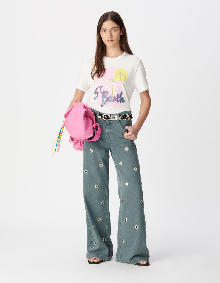 Wei&szlig;es T-Shirt Bio-Baumwolle visuelle Palmen und Sonne Damen-1