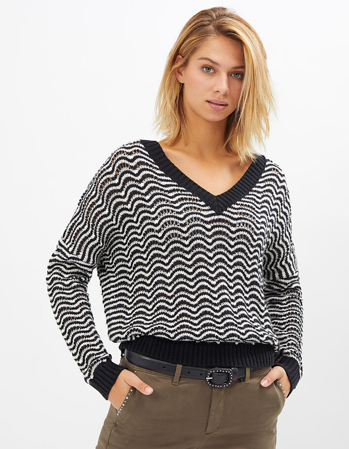 I.Code black and white stripe and openwork knit sweater - I.CODE