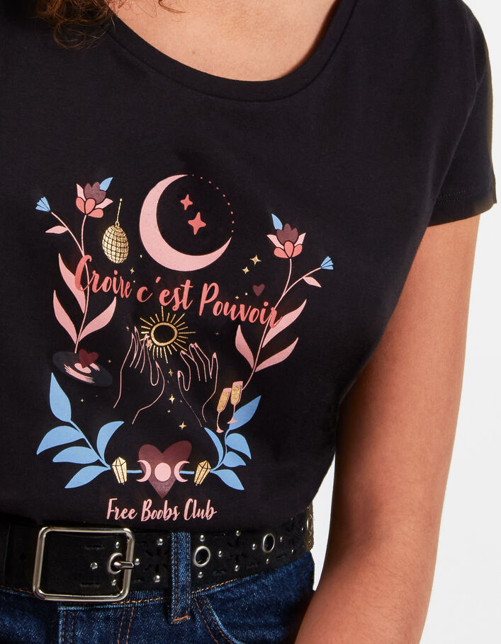 I.Code black organic T-shirt with moon image and slogan - I.CODE